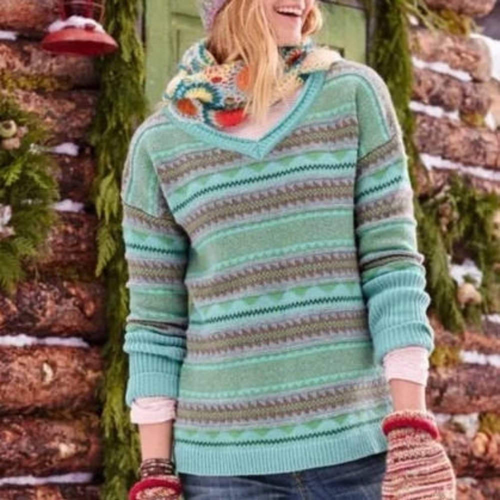 Sundance Nordic Isle Cashmere Sweater Pullover Wool V-neck Green Brown Size XS